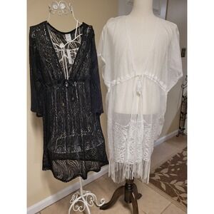 White 1 Black Mesh Fringe Kimono Bathing Suit Cover Up Tunic Vacay Vibes Size 3X